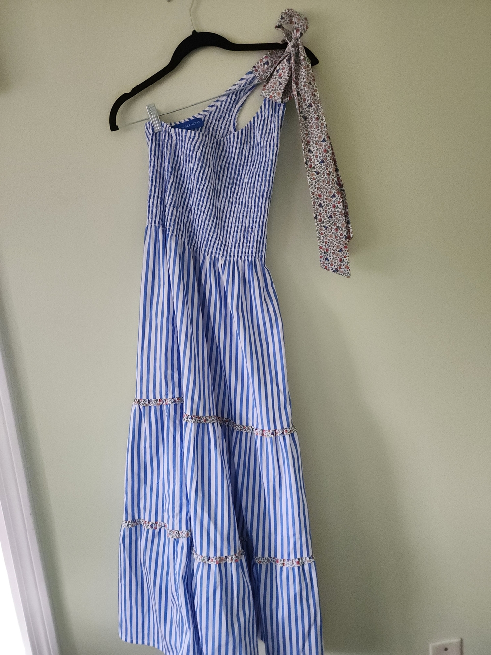 Blue & White Striped One-Shoulder Maxi Dress with Floral Tie